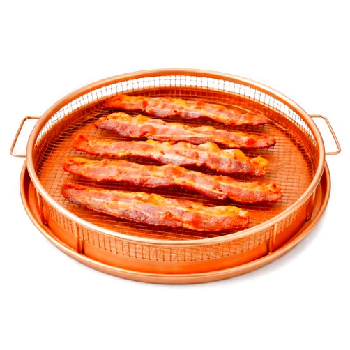 GOTHAM STEEL 2 Piece Copper Air Fryer Tray, Non Stick Air Fry Crisper Baskets for Air Fryers, Oven and Dishwasher Safe, Round Pizza & Bake Pan Frying, PFOA and PFOS Free, Durable & ScratchProof