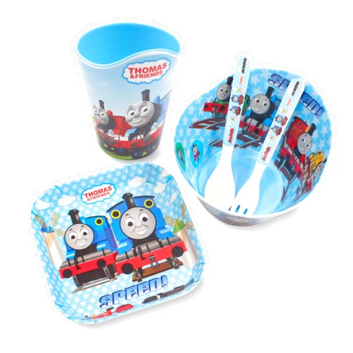 Finex Thomas the Train 5 Pcs Set Children Cartoon Durable Tableware Meal Dishes Mealtime Food Feeding Eating Set includes Dinner Serving Bowl Plate Cup with a Matching Spoon and Fork for Kids