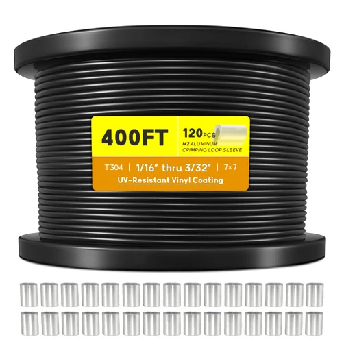 KALLSDY Vinyl Coated Wire Rope 1/16 Inch Overmolded to 3/32 Inch, 400FT 304 Stainless Steel Cable with 120 Pcs Crimping Sleeves for String Light Hanging Kit, Clotheslines and Trellis Wire