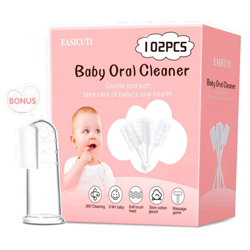 EASICUTI 102PCS Baby Tongue Cleaner,Baby Oral Cleaner Newborn Baby Toothbrush,Disposable Infant Toothbrush Clean Baby Mouth,Gauze Gum Cleaner Stick Dental Care for 0-36 Month Baby+1 Finger Toothbrush with Case