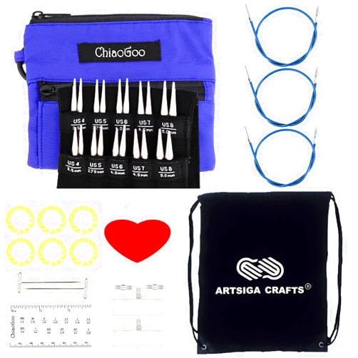ChiaoGoo Twist Red Lace Shorties 2 & 3-Inch Large Blue 7230-S Interchangeable Knitting Needle Set, 10-Pairs Sizes US 4, 5, 6, 7, 8, Stainless Steel with 3 Cords with Project Bag