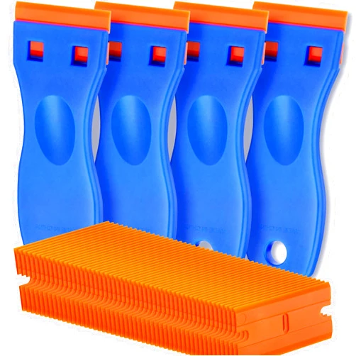 Kwbgjq 4 Pcs Plastic Razor Blade Scraper and 100 Pcs Blades, Remove Label Decal Tool， Forwithout Scratches Plastic Razor Blade Scraper, Adhesive Remover for Stickers, Gaskets and Paints on Window Car Glass