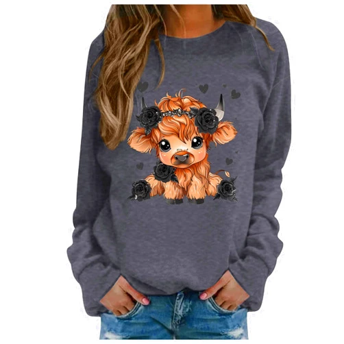 Generic Highland Cow Sweatshirts for Women Funny Cute Casusl Loose Hoodies Western Cow Print Shirt Country Western Sweatshirt