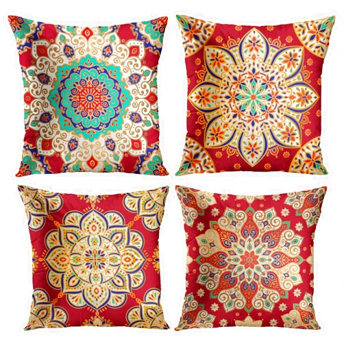 Britimes Throw Pillow Covers, Red Mandala Ethnic Flower Home Decor Set of 4 Pillow Cases, 18 X 18 inches Sofa Cushion Couch Sofa Pillowcases Decorative