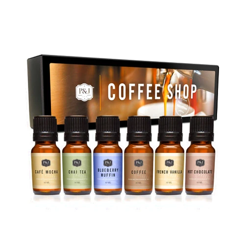 P&J Trading Fragrance Oil Coffee Shop Set | Coffee, Café Mocha, Chai Tea, Hot Chocolate, Blueberry Muffin, French Vanilla Candle Scents for Candle Making, Freshie Scents, Soap Making Supplies