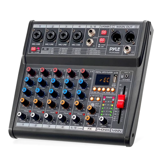 Pyle Professional Bluetooth DJ Audio Mixer - 6-Channel DJ Controller Sound Mixer w/DSP 16 Preset Effects, USB Interface, 4 XLR Mic/Line Input, AUX, FX Processor MP3 Player, Headphone Jack - PMX466