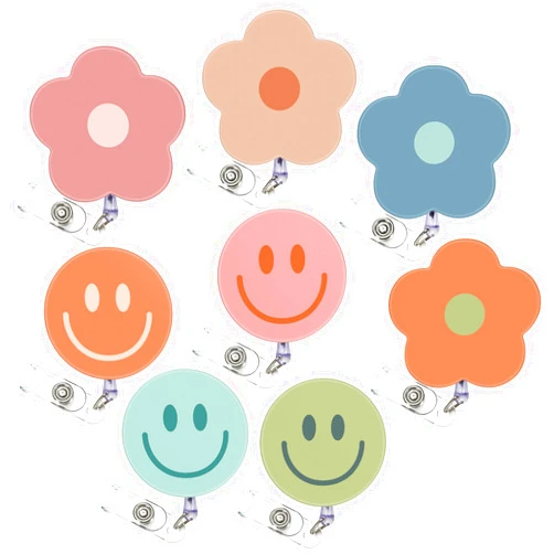 Whaline 8Pcs Boho Flower Smile Face Badge Reel with Clips Retractable Cord Colorful ID Badge Reel Name Tag Badge Holder for Office Hospital Teachers Favor