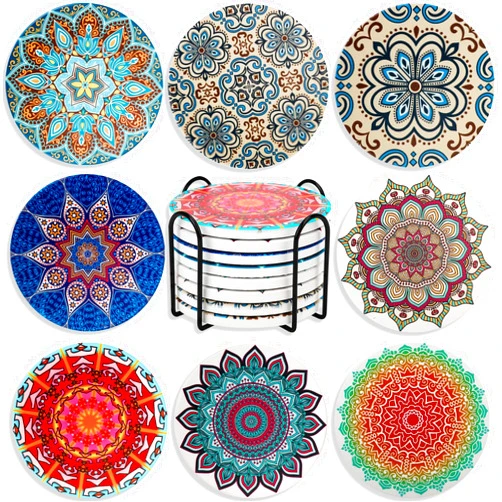 SEIFUD 8 Pieces Ceramic Drink Coasters with Holder, Absorbent Drink Coasters for Coffee Table, Suitable for Various Cups 4 inches (Color, 8)