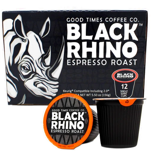 Good Times Coffee Co. Black Rhino Espresso Roast Coffee, Single Serve Cups for Keurig K-Cup Brewers, 12 Count