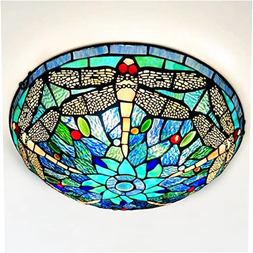 ARTZONE Tiffany Ceiling Lights, Stained Glass Ceiling Light 3-Lights 16 Inch Tiffany Flush Mount Ceiling Light Fixture for Bedroom Dining Living Room Entryway Foyer(Blue Dragonfly)