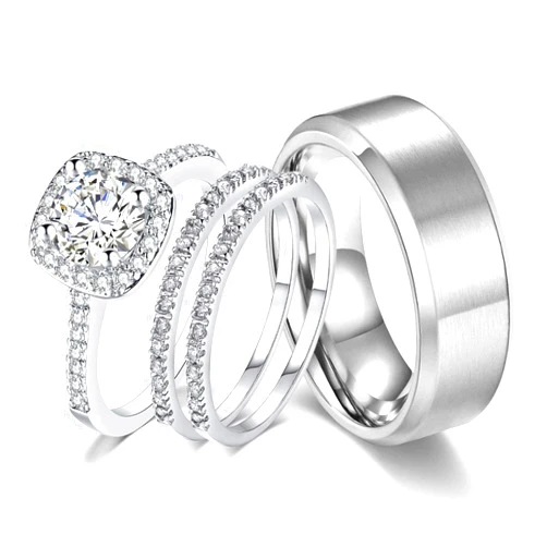 CEJUG 18k White Gold Plated Wedding Ring Sets for Him and Her Womens Mens Titanium Stainless Steel Bands 2Ct Cz Couple Rings