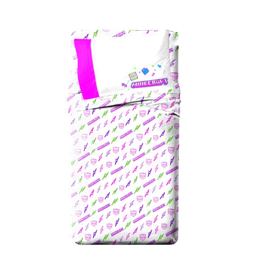 Jay Franco Minecraft Twin Size Sheet Set - Super Soft Kids 3 Piece Cyber Neon Bedding Set Features Creeper - Microfiber Sheets Include Reversible Pillow Cover