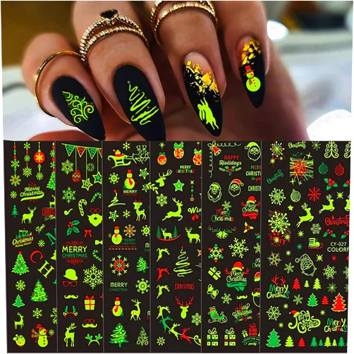 ONEUPIN 9 Sheets Christmas Luminous Nail Art Stickers 3D Winter Xmas Nail Art Supplies Santa Claus Snowflake Elk Snowmen Nail Decals for Acrylic Nail New Year Party Decoration Supplies