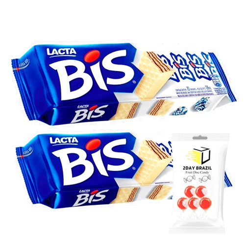 2DAY BRAZIL Bis White Wafers Lacta Wafer Bis Branco Milk Wafer 140g (4.9oz) PACK OF 2 Bundle With 2DAY BRAZIL Fruit Disc Candy