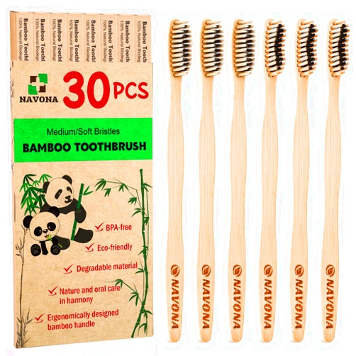 Navona 30PCS Biodegradable Bamboo Toothbrushes (Soft+Medium), Natural Wood Toothbrushes Bulk, Eco-Friendly, BPA Free, Biodegradable & Compostable Charcoal Wooden - Box of Two Reusable Travel Toothbrushes