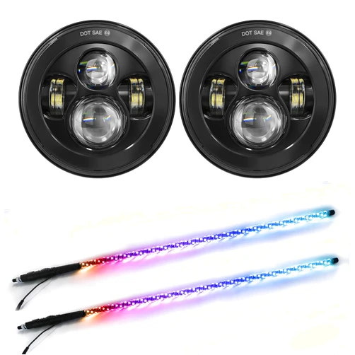UNI-SHINE 2pcs Projector 7 Inch LED Headlights Hi/Lo Beam DOT Approved 7’’ Round Headlight H6024 LED+2PCS 4FT LED Whip Lights with Spring Base Spiral RGB Chasing Lights with APP & Remote Control
