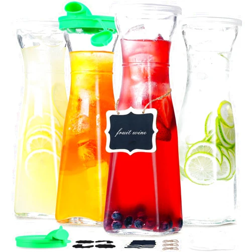 Ritayedet 4 Pack 1 Liter Square Glass Water Carafe with 6 Lids and 2 Silicone Pour Spouts! 35 Oz Glass Pitchers for Fridge - Glass Beverage Dispensers for Iced Tea, Beverage, Milk, Cold Brew and Mimosa Bar