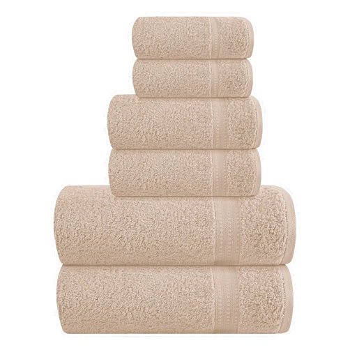 MyOwn 6 Piece Towel Set, 100% Combed Cotton - 2 Bath Towels, 2 Hand Towels, 2 Wash Cloths - 500 GSM Luxury Hotel Quality Ultra Soft Highly Absorbent Towel Set for Bathroom - Tan