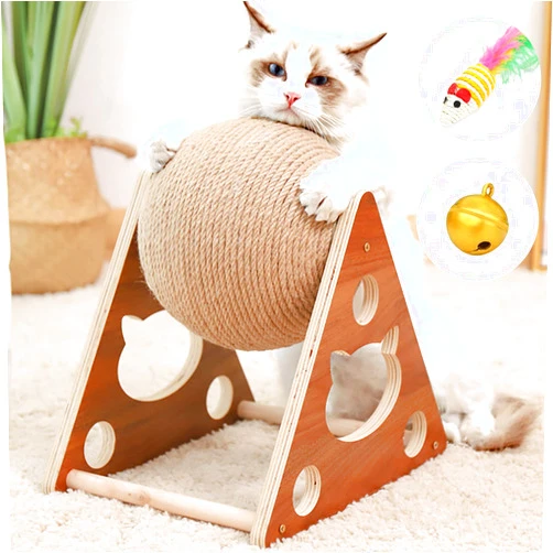 NXVO Cat Scratcher Toy Ball, Built-in Bell Natural Sisal Cat Scratching Rotatable Ball, Cat Scratching Ball for Cats & Kittens, Interactive Solid Wood Scratcher Indoor Cats Toy for Small Medium Pet Cat