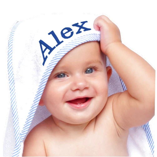 My Personal Memories Personalized Baby Hooded Bath Towel - Monogrammed for Girl and Boy - Embroidered (White with Blue)