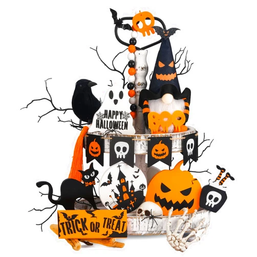 Happy makers Halloween Decorations-16pcs Halloween Tiered Tray Decor Set Pumpkin Black Cat Ghost Wooden Signs Gnomes Trick or Treat Blocks Table Sign Halloween Decorations Indoor for Home Table（Pumpkin Style