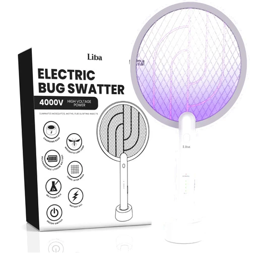 LiBa Electric Fly Swatter Racket, 2 in 1 Electric Bug Zapper USB Rechargeable, 4000V Indoor Outdoor Mosquitoes Zapper with 5 Layer Safety Mesh, Cordless Insect Killer Trap Home Office Camping Patio