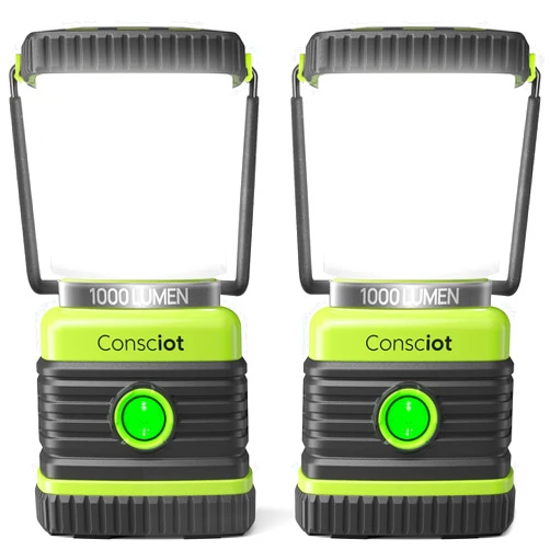 Consciot LED Camping Lantern, Consciot Battery Powered Camping Lights, 1000LM, 4 Light Modes, IPX4 Waterproof Tent Lights, Portable Flashlight for Power Outages, Emergency, Hurricane, Hiking, 2-Pack