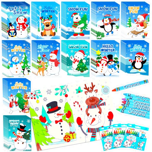 Fulmoon 72 Set Winter Coloring Books Bulk Include Snowman Coloring Book Bulk and Crayons Winter DIY Coloring Book Mini Winter Activity Book for Holiday Fun Games Activity Winter Party Favors