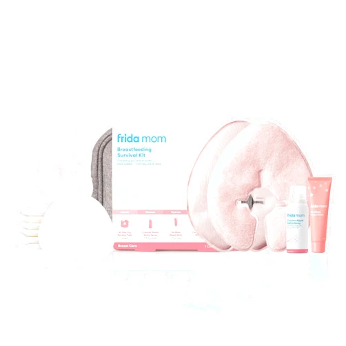 Frida Mom Breastfeeding Survival Kit for Nursing Moms, Reusable Hot+Cold Breast Relief Packs, Hydrogel Nipple Pads, Cracked Nipple Saline Spray, Nipple Balm, Nursing Pads, 13 Piece Gift Set