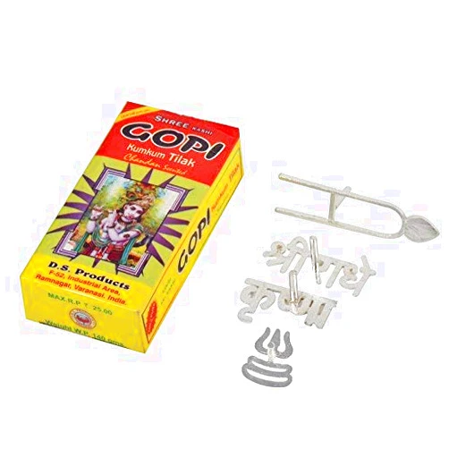 Radhika Poojan Bhandar Metal Silver Tilak Stamps with Roli Powder & Gopi Chandan, A258