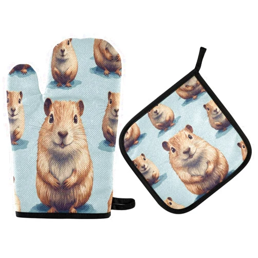 QUGRL Oven Mitts and Pot Holders Set Cute Guinea Pig Pattern Kitchen Oven Gloves Hot Pads Heat Resistant Handling Cooking Cookware Bakeware BBQ