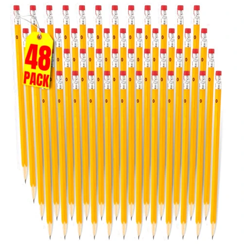 Always23 WoodCased Pencils, Yellow, Pre-sharpened, Pencils with Erasers, 2 HB 48 Pack