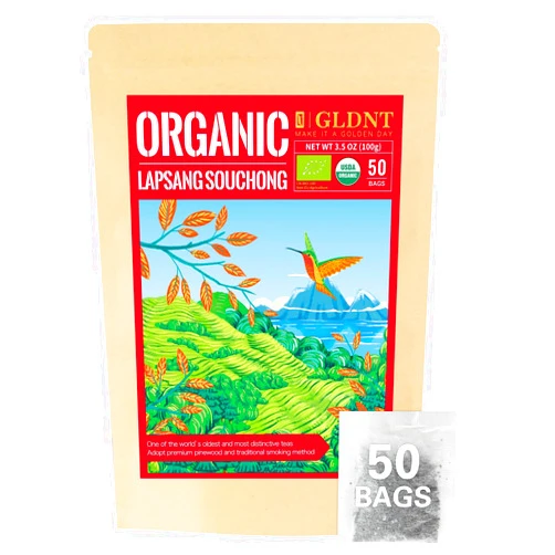 GLDNT Organic Lapsang Souchong Tea Bags, Organic Smoked Black Tea, Caffeinated, Full-Bodied Taste, Hot & Iced Tea, 50 Count