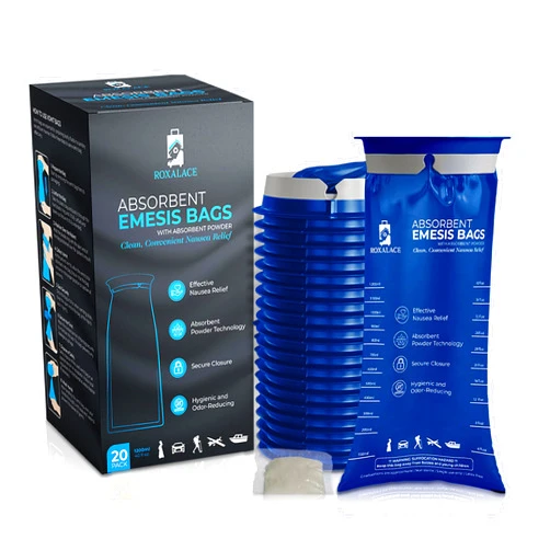 ROXALACE® Emesis Bags with Absorbent Powder for Nausea and Vomiting Relief - 20 Pack 1200ml, Travel-Friendly, Hygienic Solution for Motion Sickness, Morning Sickness, Caregiving, and Emergencies