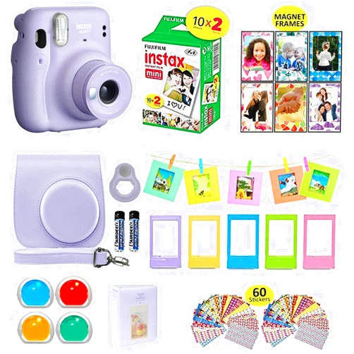 Fujifilm Instax Mini 11 Instant Camera Lilac Purple + Shutter Compatible Carrying Case + Fuji Film Value Pack (20 Sheets) + Shutter Accessories Bundle, Color Filters, Photo Album, Assorted Frames