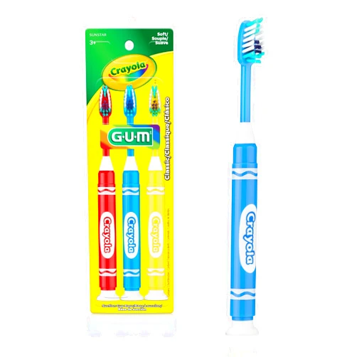 GUM Crayola Marker Children’s Toothbrush, Soft Bristled Kids’ Toothbrush Set Age 3+, Suction Cup Base, 3 Count