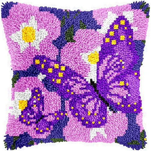 veirousa Butterfly Floral Latch Hook Kits for Adults Beginners DIY Crochet Pillow Kit Pre-Printed Pillowcase Hook and Latch Rug Kits Needlework Cushion Cover for Home Sofa Decoration 17x17 in.