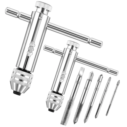 Gisafai 2 Pcs Ratchet T-Handle Tap Wrench Ratcheting T-Shaped Tap Holder Wrench for M5-M12 and M3-M8 with 5 Pcs Metric Screw Thread Tap Set