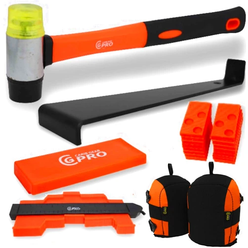 Carib Gear Pro Professional Laminate Flooring Tools Installation Kit with Tapping Block, Knee Pads, Rubber Mallet, 45 pcs Pull Bar, and 40 pcs Spacers for Vinyl Plank, LVP, and Hardwood Laminate Floor