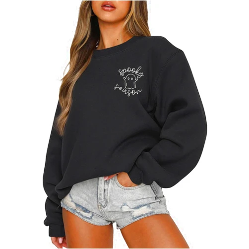 Rianclud Halloween Sweatshirt Women Crewneck Spooky Season Sweatshirts Cute Ghost Graphic Pullover Shirt Long Sleeve Tops