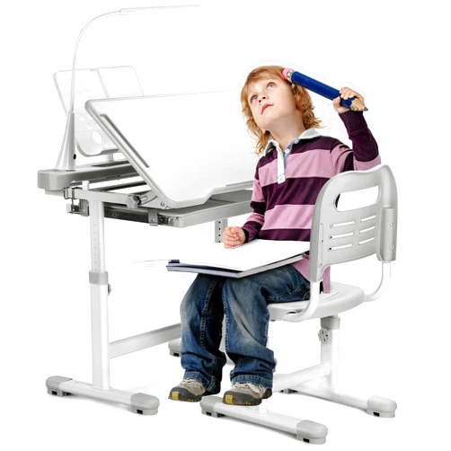 Rengue Kids Desk and Chair Set Height Adjustable School Study Desk and Chair with 55° Tiltable Desktop, 3 Modes&3 Brightness LED Lamps, Storage Drawer and Metal Hook for Boys Girls, Grey