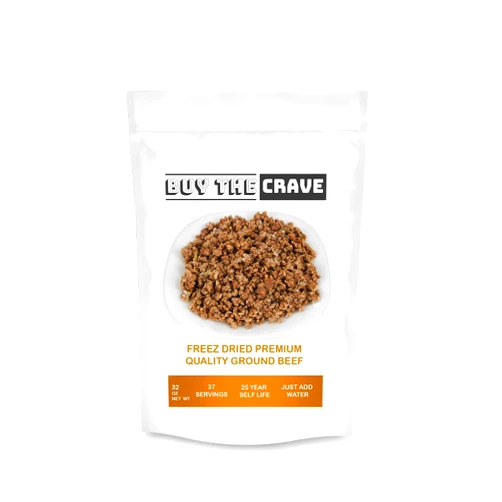 BUY THE CRAVE Freeze Dried USDA Ground Beef | Pre-Cooked Shelf Meat for Survival Emergency Food Supply, Meal Prep, MRE and Backpacking/Camping | Made in USA | Shelf Live 25+ Years | 32 Oz