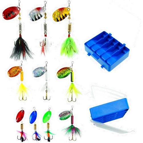 FouceClaus 10pcs Spinner Lures Baits with Tackle Box, Bass Trout Salmon Hard Metal Rooster Tail Fishing Lures Kit