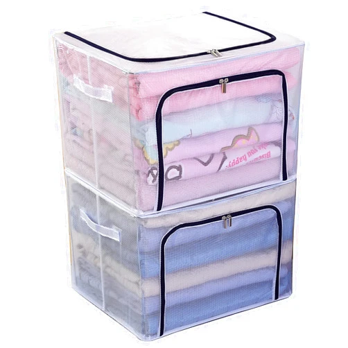 KAYSUN Collapsible Large Storage Bins with Handles Zipper Lids Folding Cloth Steel Frame Storage Box Foldable Storage Bags for Baby Clothes with Window Underbed(2-Pack) (Blue19.7x15.7x13'')