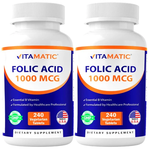 Vitamatic Folic Acid 1000 mcg (1 mg) – 240 Vegetarian Tablets (Pack of 2) 1667 mcg DFE – Vitamin B9 for Prenatal, Heart & Cellular Health