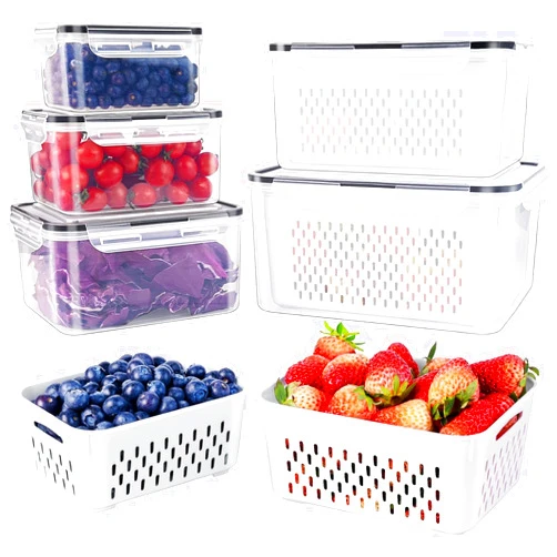 Freshmage 6 PCS Large Fruit Containers for Fridge - Leakproof Food Storage Containers with Removable Colander - Dishwasher & Microwave Safe Produce Containers Keep Fruits, Vegetables, Berry, Meat Fresh longer