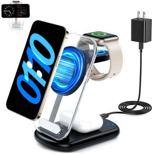 RYND 2025 Magnetic Wireless Mag-Safe Charger Stand,3 in 1 Charger with Light for iPhone 16 15 14 13 12 Pro Max Plus,Charging Pad for Apple Watch Series & Air pods 4 3 2 Pro(Black)