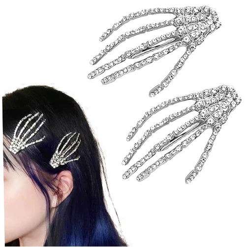 HONGCAUP Halloween Skeleton Hand Hair Clip, 2 Pcs Metal Rhinestone Skull Hairpin Bone Hair Clip, Punk Horror Girl Hairband Decoration (Silver)