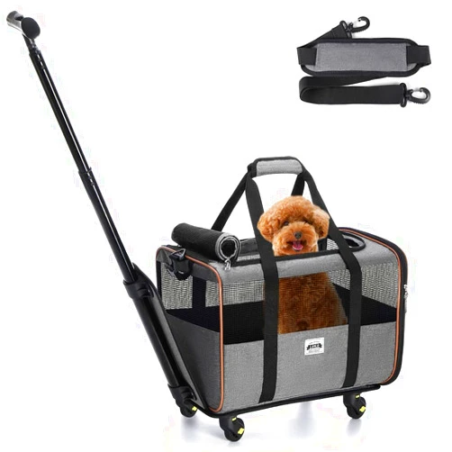 Lekesky Cat Dog Carrier with Wheels Airline Approved Rolling Pet Carrier with Telescopic Handle and Shoulder Strap, Grey