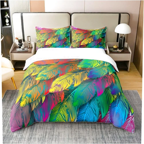 TMMDH Bedding Duvet Cover Queen Size Set - Palm Leaves Flowers Colorful Soft Comforter Cover Set with Zipper Closure, 3 Pieces, 1 Duvet Cover 90